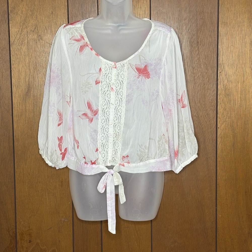 Express Blouse XS Sheer White Pink Butterfly Lace Tie Front Boho Fairy‎ Cottage
